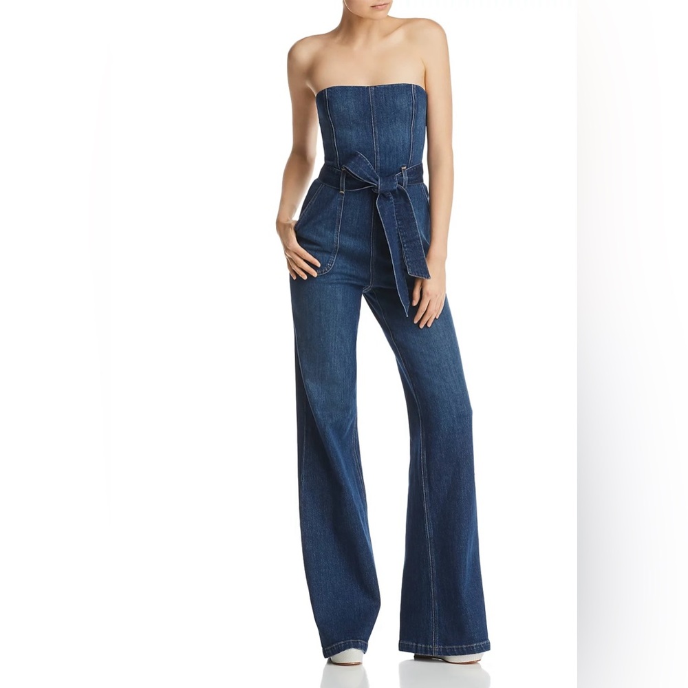Alice + Olivia Blue Denim Strapless Overalls